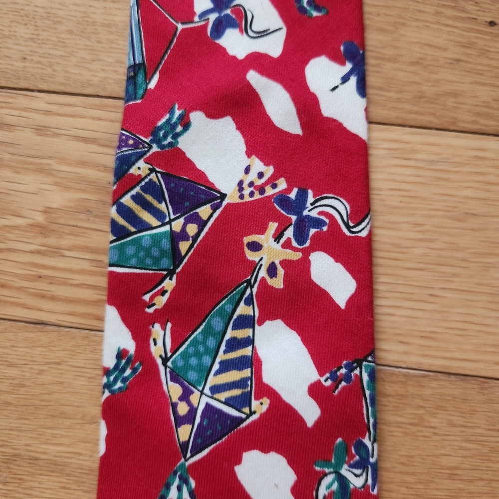 Lands End Mens Vintage Red Cotton Kite Print Necktie Handsewn USA Novelty Tie